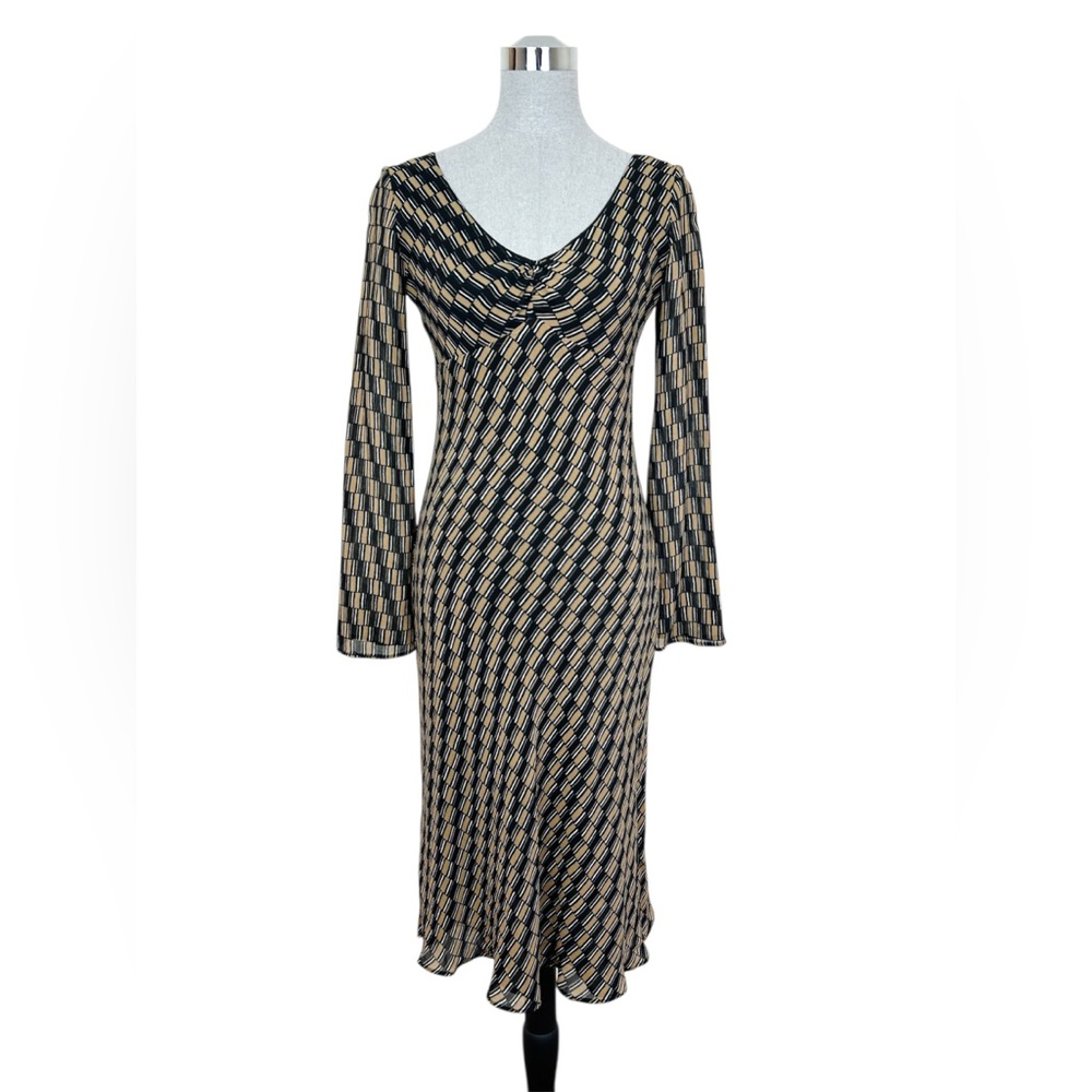 Vintage‎ 90s Tessuto Bias Cut Long Flare Sleeve Elegant Black Tan Women's Dress